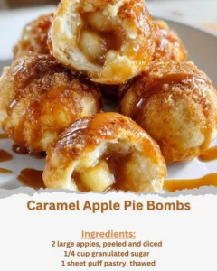 Caramel apple pie bombs served on a dessert plate.