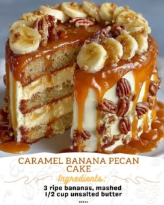 Delicious Caramel Banana Pecan Cake with pecans, bananas, and caramel drizzle
