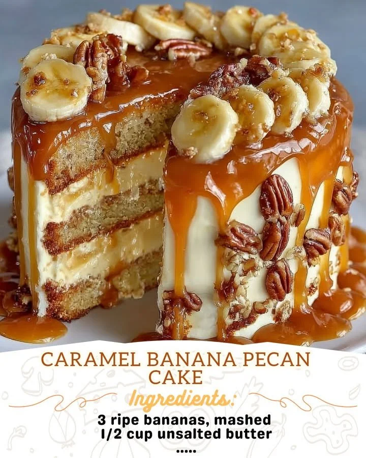 Delicious Caramel Banana Pecan Cake with pecans, bananas, and caramel drizzle