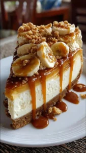 Delicious Caramel Banana Pudding Cheesecake slice on a plate with caramel drizzle