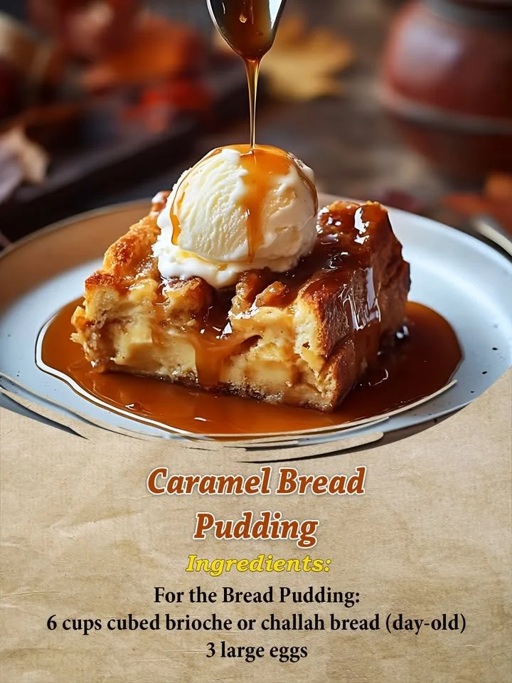 Delicious caramel bread pudding served in a bowl with a drizzle of caramel sauce.
