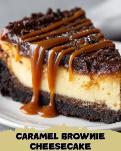 Delicious caramel brownie cheesecake with chocolate drizzle and whipped cream