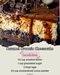 Delicious Caramel Brownie Cheesecake topped with caramel sauce and chocolate drizzle