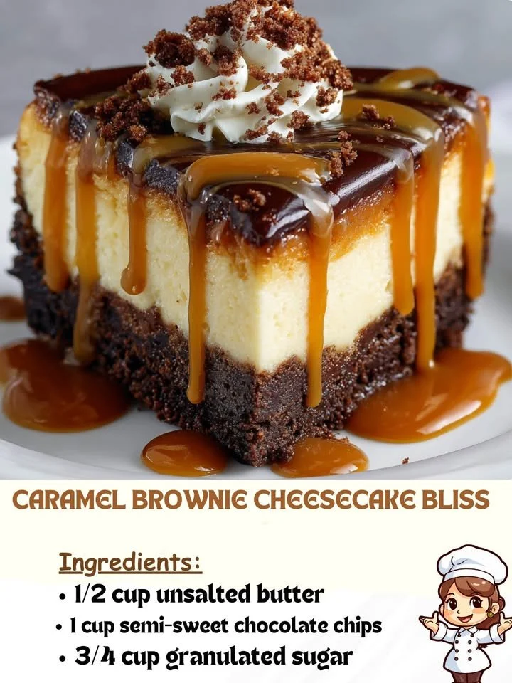 Delicious caramel brownie cheesecake with a chocolate drizzle on top