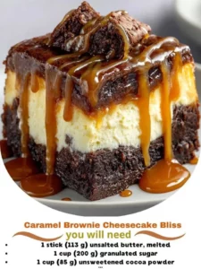 Caramel Brownie Cheesecake Bliss dessert with rich chocolate and caramel toppings.