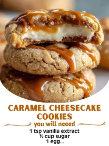 Delicious caramel cheesecake cookies with a golden crust and creamy topping.