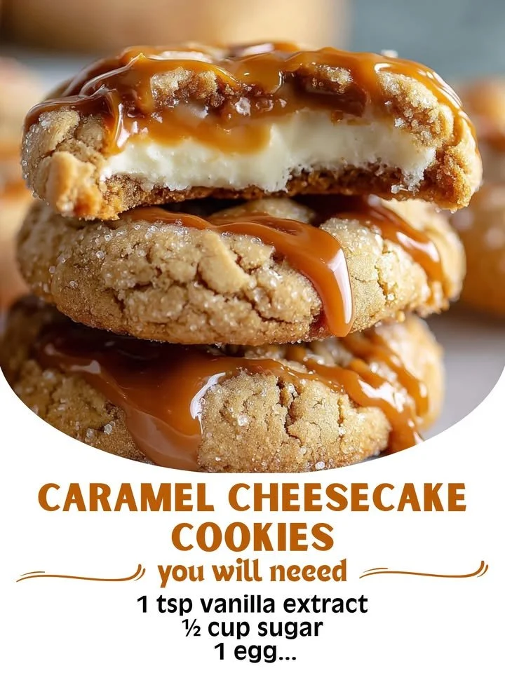 Delicious caramel cheesecake cookies with a golden crust and creamy topping.