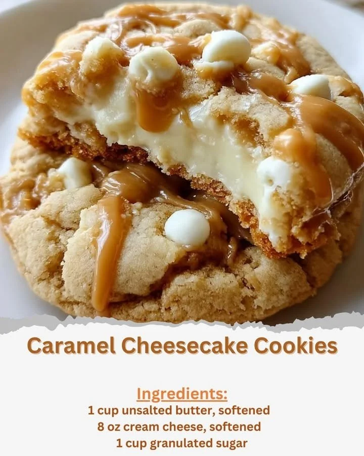 Delicious caramel cheesecake cookies topped with rich caramel drizzle