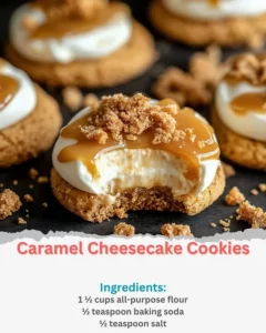 Delicious Caramel Cheesecake Cookies on a plate with caramel drizzles