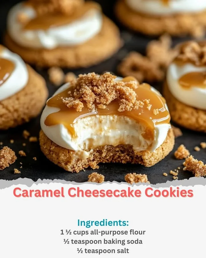 Delicious Caramel Cheesecake Cookies on a plate with caramel drizzles