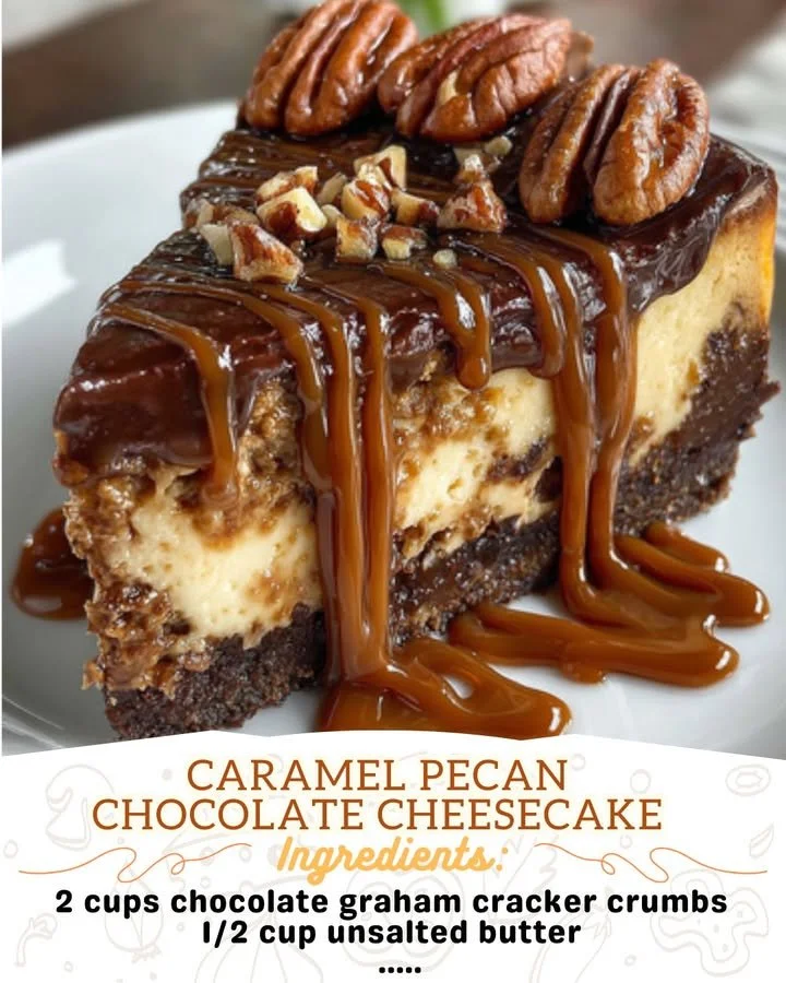 Caramel Pecan Chocolate Cheesecake topped with nuts and drizzle