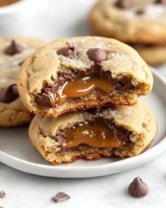 Delicious caramel stuffed chocolate chip cookies on a baking tray