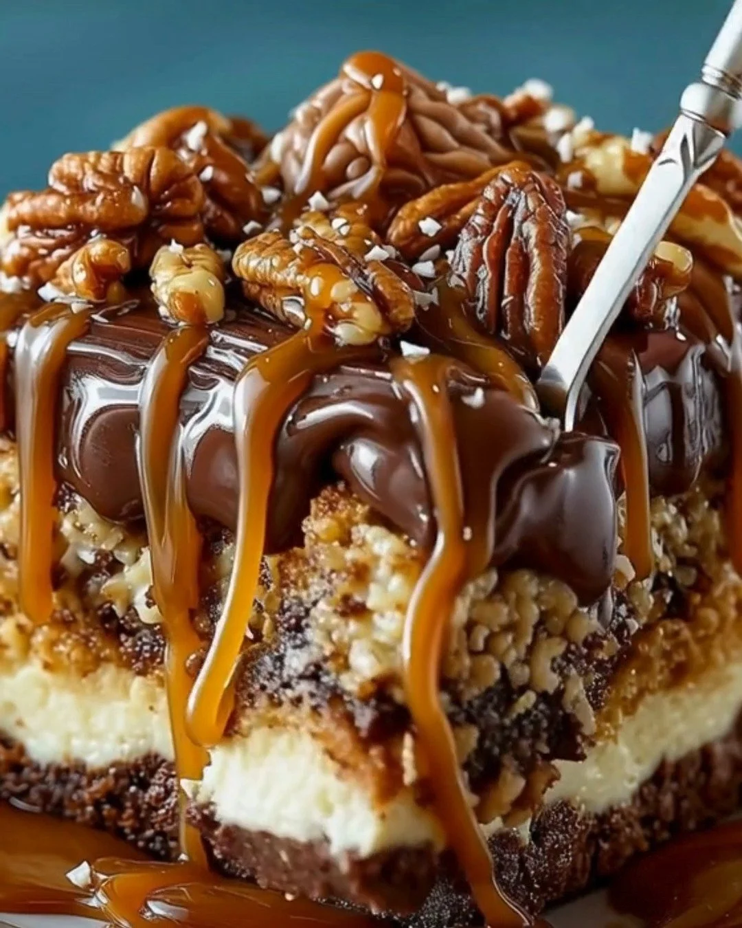 Delicious Caramel Turtle Poke Cake topped with chocolate, caramel, and pecans