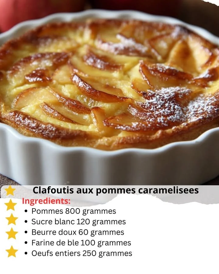 Slice of caramelized apple clafoutis dessert on a white plate