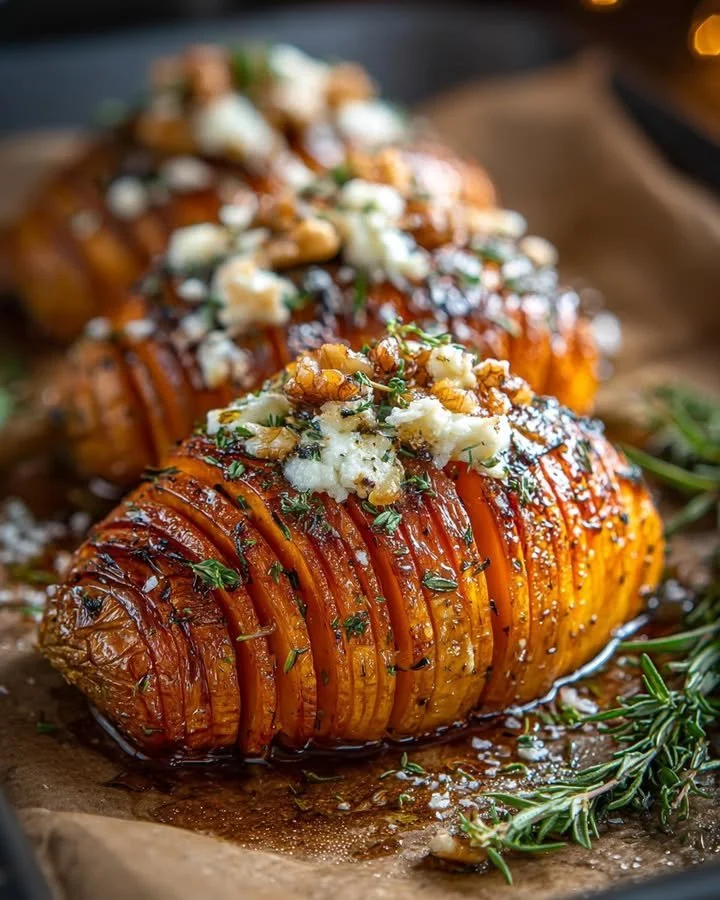 Caramelized butternut squash hasselback topped with brie, walnuts, and hot honey