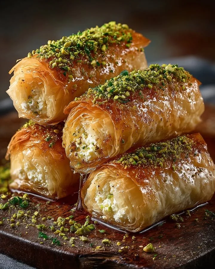 Caramelized Feta & Honey Phyllo Rolls with Pistachio Crunch on a plate