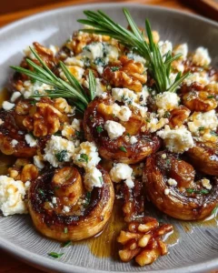 Caramelized garlic mushrooms topped with feta and walnuts, drizzled with hot honey.