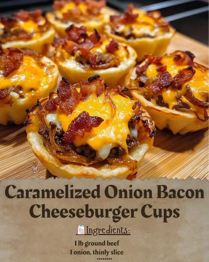 Caramelized onion bacon cheeseburger cups served on a plate.