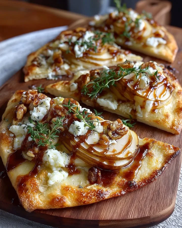 Caramelized pear flatbread topped with brie, honey, and toasted walnuts