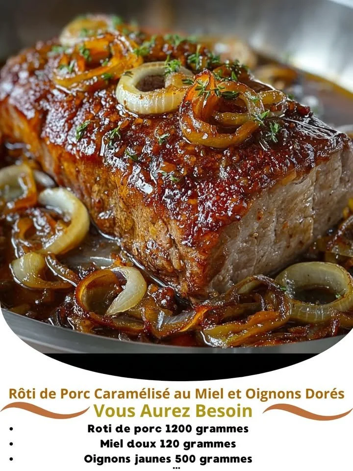 Caramelized pork roast with honey and golden onions on a serving platter