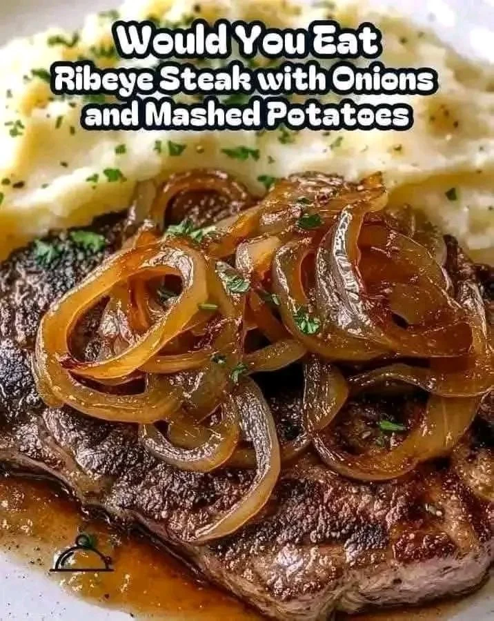 Caramelized ribeye steak served with creamy mashed potatoes on a plate