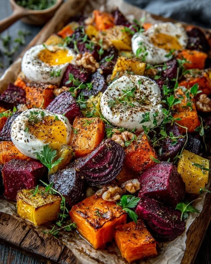 Caramelized sweet potato and beet medley topped with burrata and drizzled with walnuts.