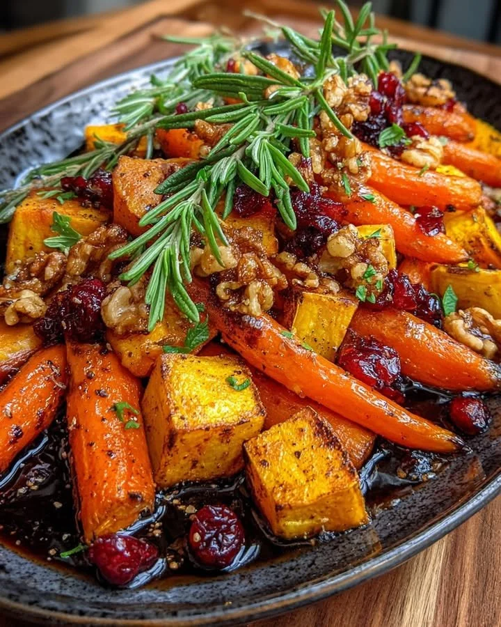 Caramelized Sweet Potato & Carrot Medley with Walnuts & Cranberry Glaze