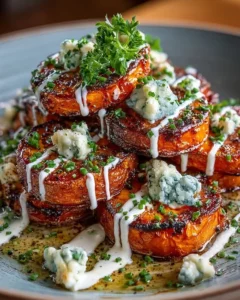 Caramelized sweet potato coins with blue cheese drizzle on a plate