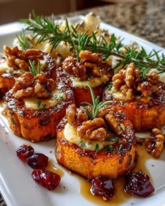 Caramelized sweet potato rounds topped with brie, walnuts, and cranberry drizzle