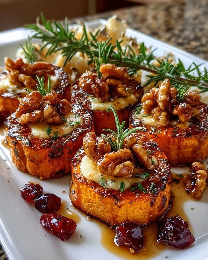 Caramelized sweet potato rounds topped with brie, walnuts, and cranberry drizzle