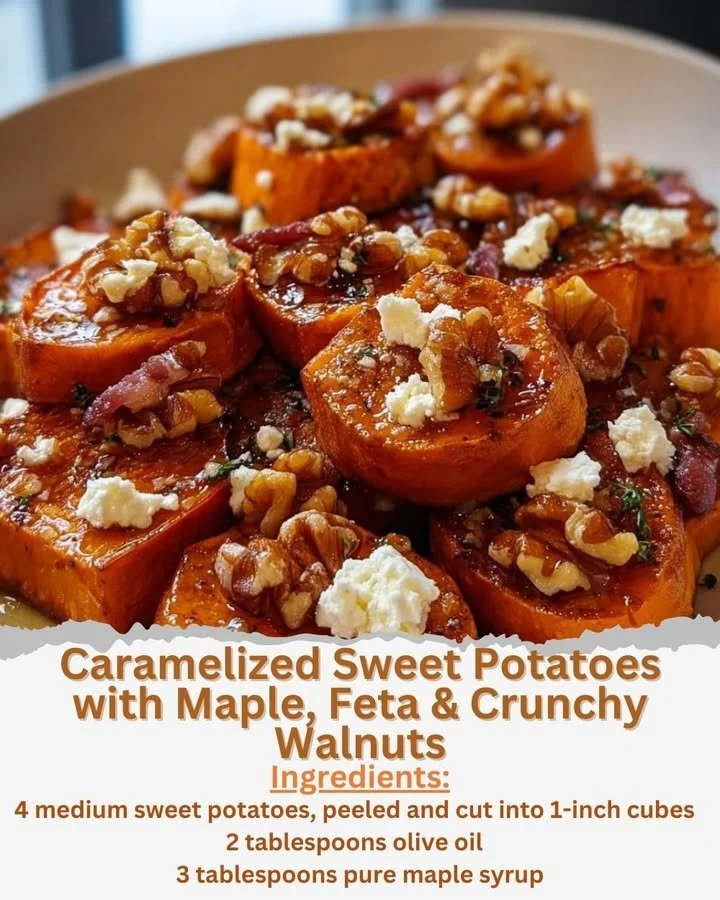 Caramelized sweet potatoes with maple syrup, feta cheese, and walnuts on a plate.