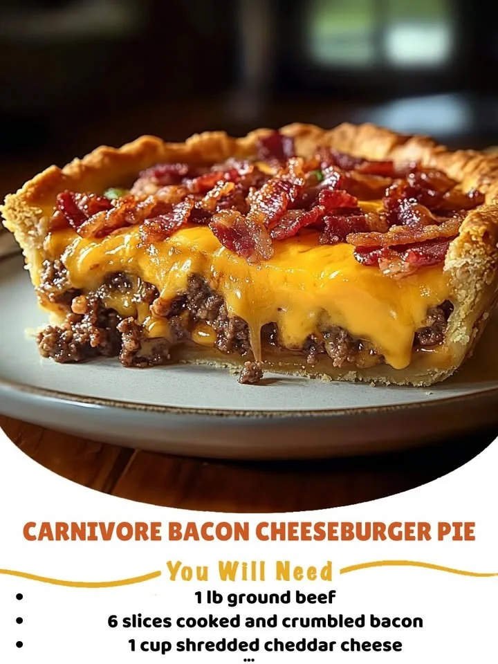 Delicious Carnivore Bacon Cheeseburger Pie topped with cheese and bacon