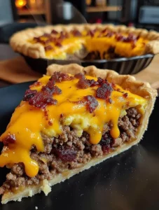 Delicious slice of Bacon Cheeseburger Pie with cheese and bacon topping