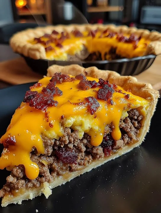 Delicious slice of Bacon Cheeseburger Pie with cheese and bacon topping