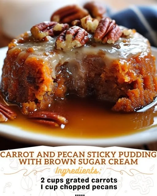 Carrot and Pecan Sticky Pudding with Brown Sugar Cream served in a bowl