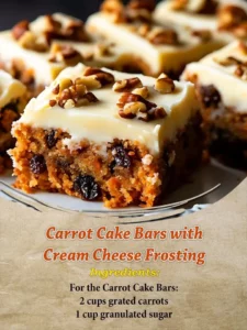 Carrot cake bars with cream cheese frosting on a white plate