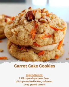 Delicious carrot cake cookies with cream cheese frosting and walnuts