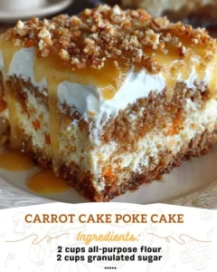 Delicious Carrot Cake Poke Cake topped with cream cheese frosting and walnuts