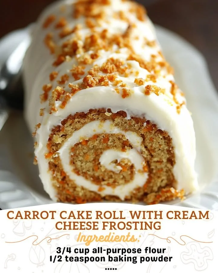Delicious carrot cake roll with cream cheese frosting on a platter