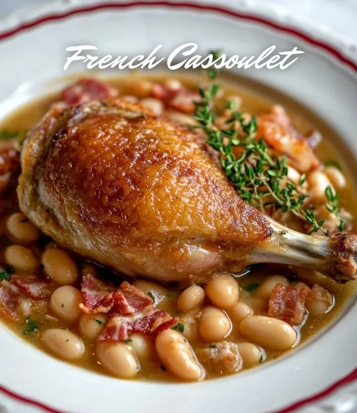 A delicious bowl of cassoulet featuring beans, sausage, and duck confit