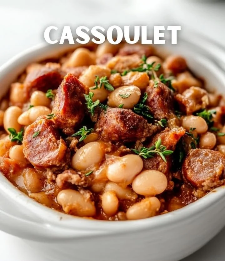 Delicious cassoulet made with beans, meats, and herbs in a rustic bowl.