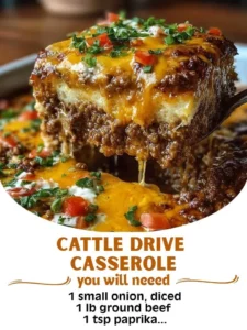 Delicious Cattle Drive Casserole served in a rustic dish with toppings.