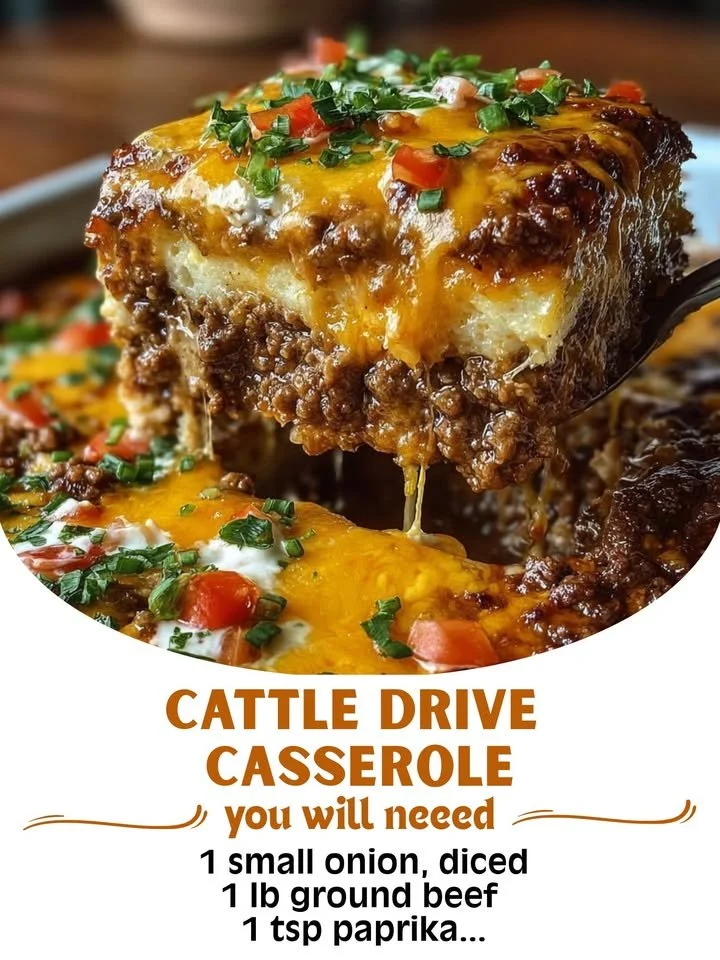 Delicious Cattle Drive Casserole served in a rustic dish with toppings.
