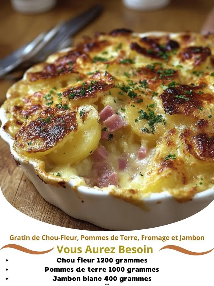 Cauliflower Potato Cheese and Ham Gratin