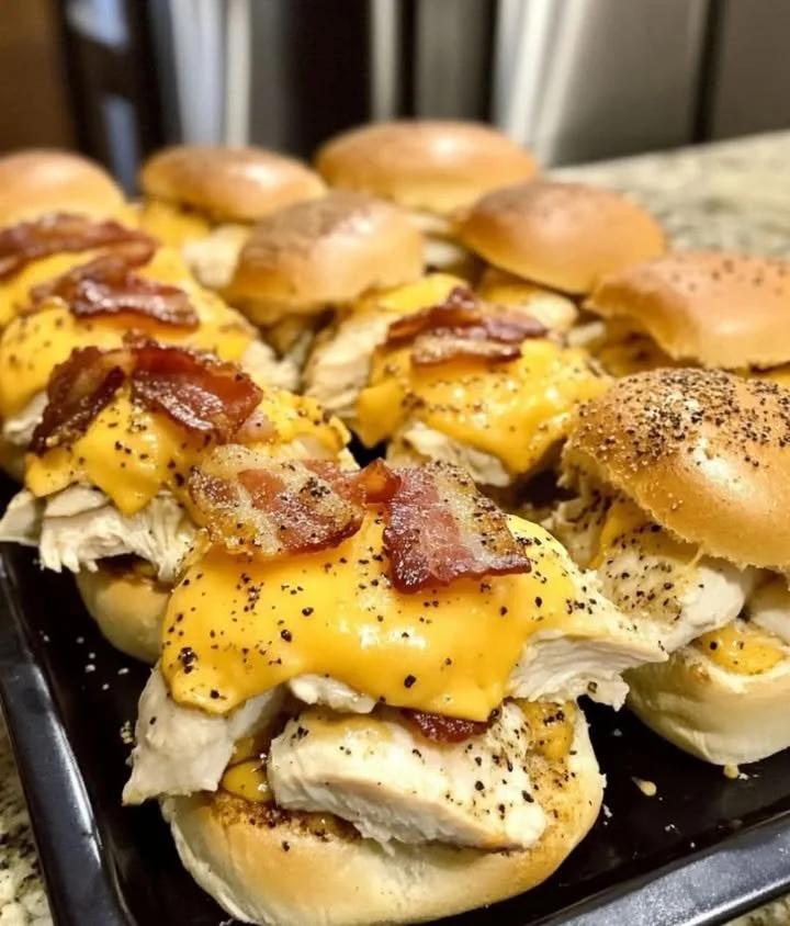 Cheddar Bacon Chicken Sliders with crispy bacon and melted cheese