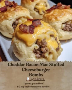 Cheddar Bacon Mac Stuffed Cheeseburger Bombs served on a plate