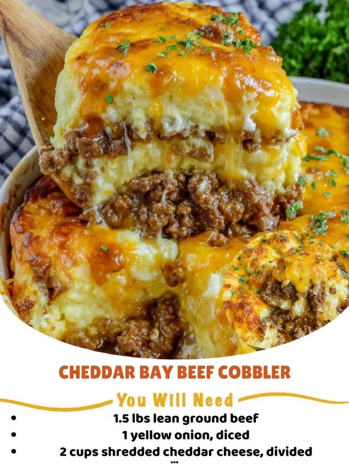Cheddar Bay Beef Cobbler with cheesy biscuits and tender beef in a baking dish