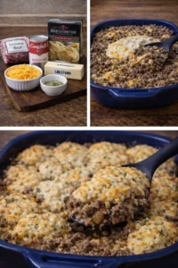 Cheddar Bay Beef Cobbler topped with cheesy biscuits