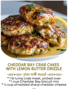 Cheddar Bay crab cakes served with lemon butter drizzle on a plate