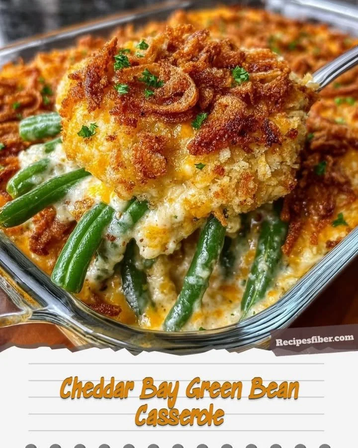 Delicious Cheddar Bay Green Bean Casserole served with a golden breadcrumb topping